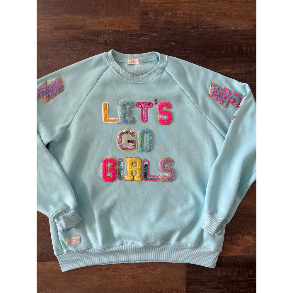 Simply Southern Lets Go Girls Sequin Chenille Sweatshirt Light Blue Large